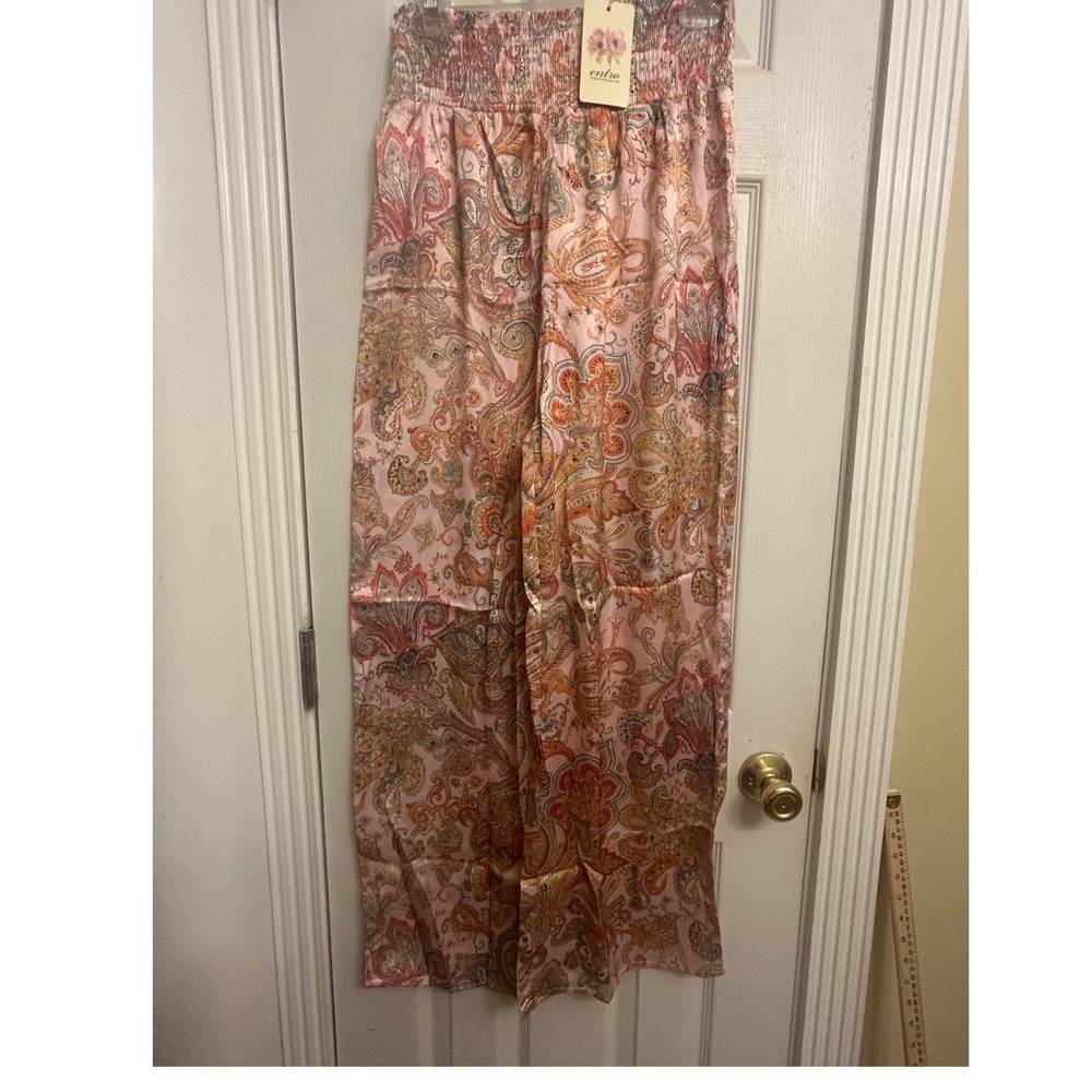 Entro Pink Paisley Wide Leg Smocked Waist Boho Pants Boutique Festival Sm NEW